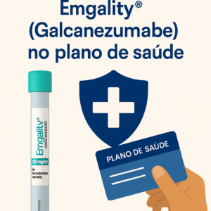 A imagem exibe uma composição visual clara e informativa sobre o tema “Cobertura e Acesso ao Emgality® (Galcanezumabe) no plano de saúde”.