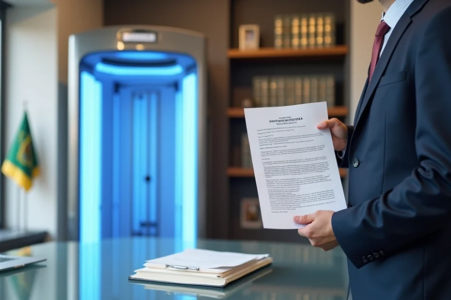 Advogado mostrando decisão judicial sobre câmara de bronzeamento artificial