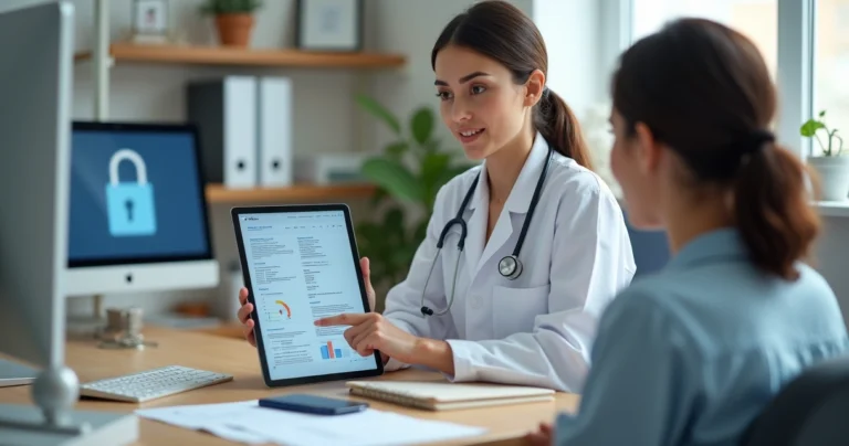 Médica mostrando prontuário médico em tablet ao paciente em consultório moderno