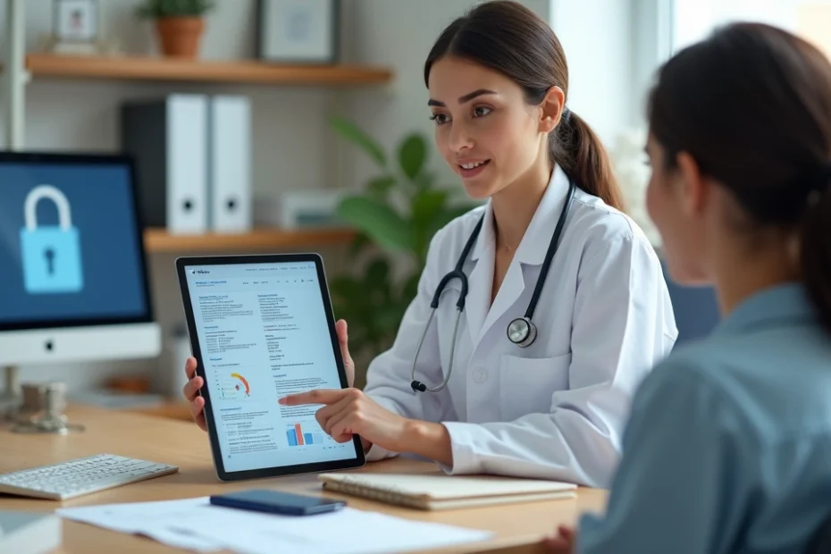 Médica mostrando prontuário médico em tablet ao paciente em consultório moderno