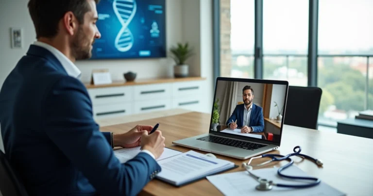 Advogado orientando paciente sobre cobertura de exame genético em consulta virtual