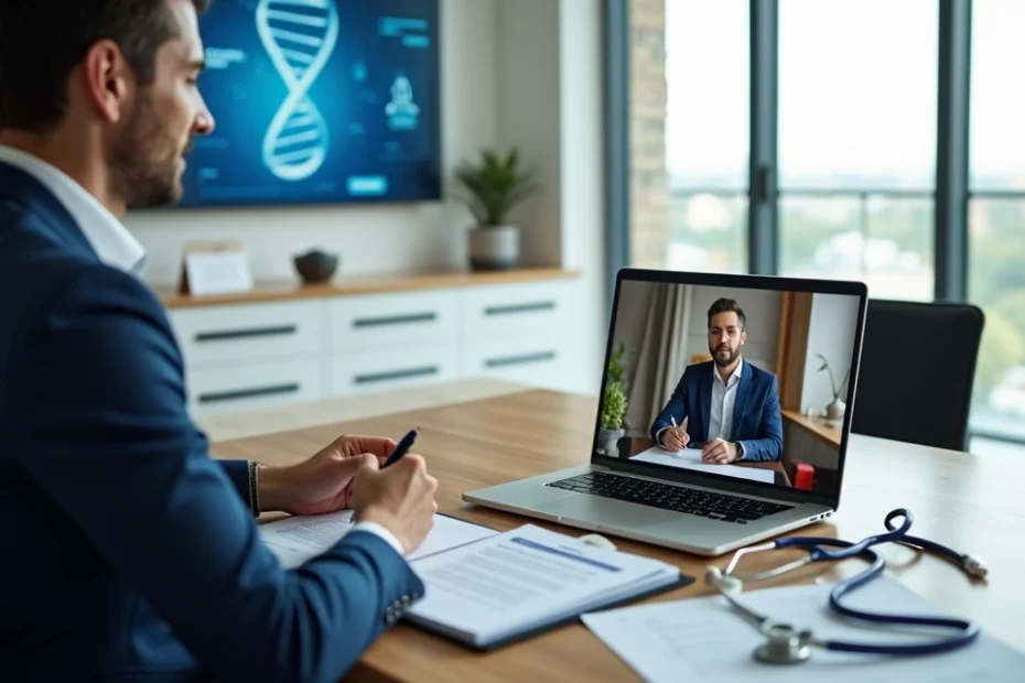 Advogado orientando paciente sobre cobertura de exame genético em consulta virtual