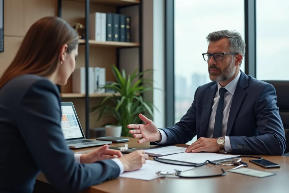 Advogado orientando paciente com esclerose múltipla sobre cobertura de medicamento pelo plano de saúde