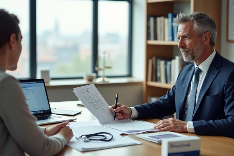 Advogado de saúde explicando cobertura de medicamento caro a paciente em consultório moderno