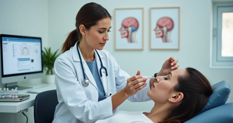 Médica aplica botox em paciente com enxaqueca em consultório de saúde