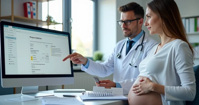 Gestante em consulta médica discutindo tratamento com Clexane e cobertura do plano de saúde