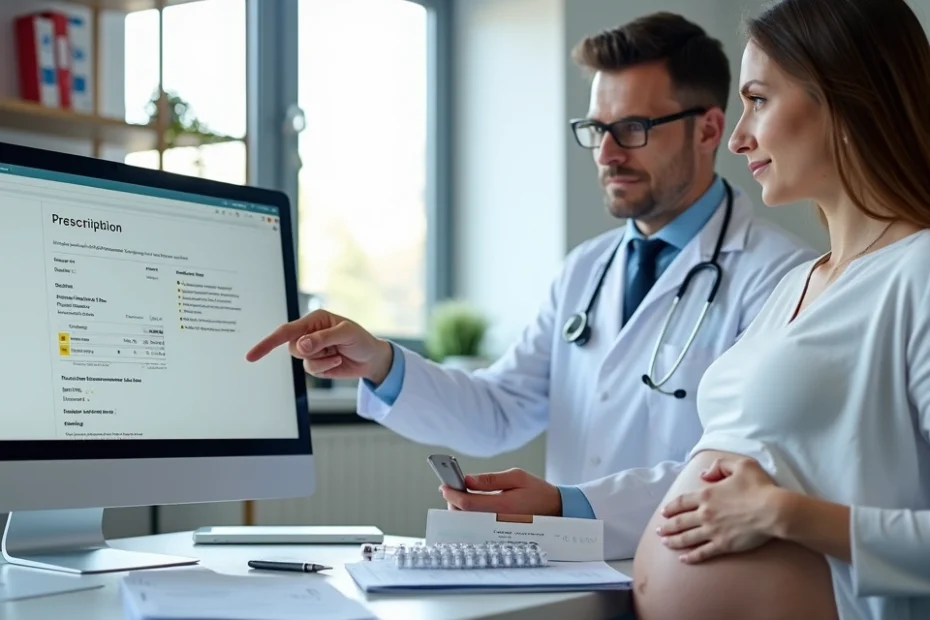 Gestante em consulta médica discutindo tratamento com Clexane e cobertura do plano de saúde