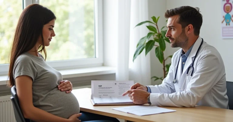 Gestante em consulta médica discutindo cobertura do plano de saúde