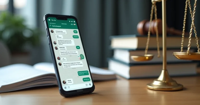 Celular com grupo de WhatsApp aberto e símbolo da justiça ao fundo