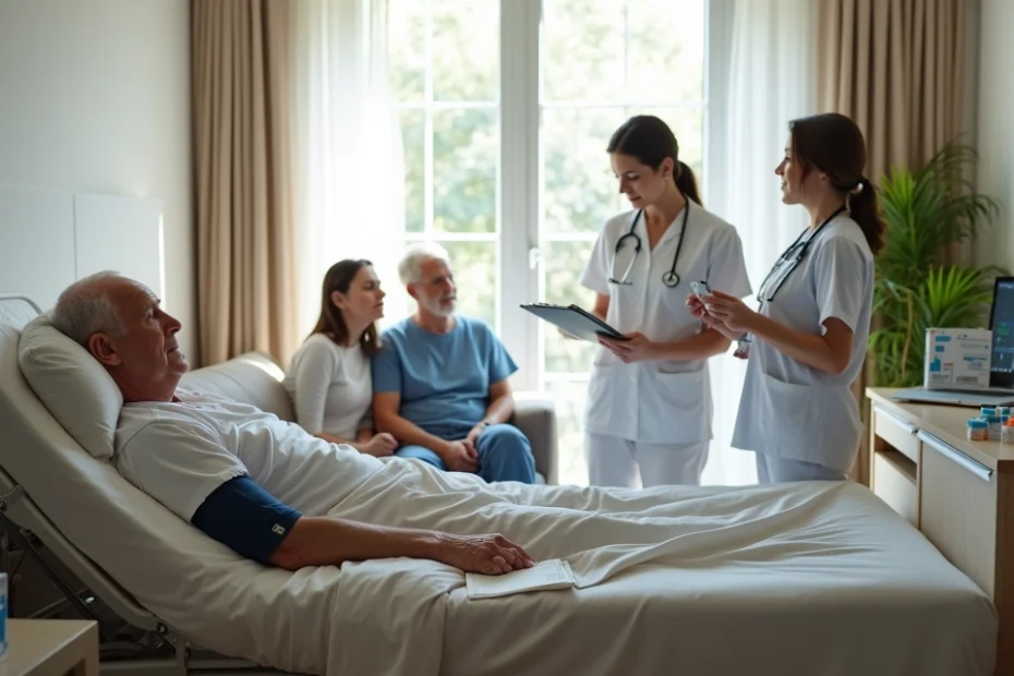 Paciente idoso em cama hospitalar recebendo home care em casa com equipe de enfermagem