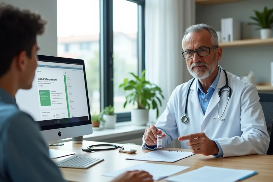 Médico segurando ampola de Invega Sustenna ao orientar paciente sobre cobertura do plano de saúde