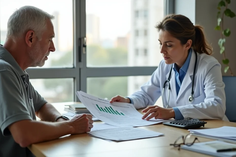 Idoso analisando documentos de Imposto de Renda com médico em consultório