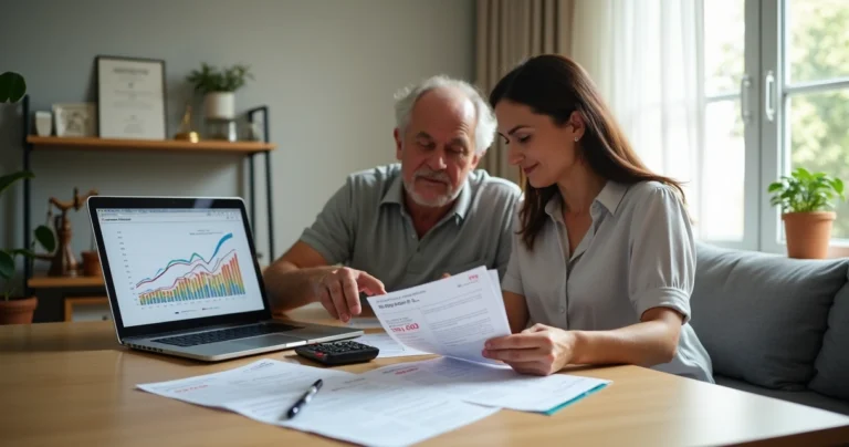 Casal analisa boleto de plano de saúde com gráfico de aumento ao fundo