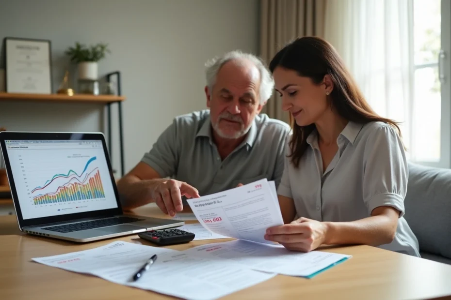 Casal analisa boleto de plano de saúde com gráfico de aumento ao fundo