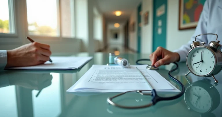 Pessoa analisa contrato de plano de saúde ao lado de prontuário médico em clínica moderna