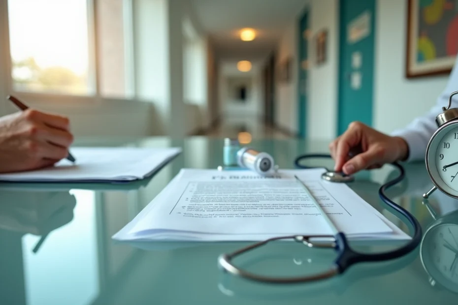 Pessoa analisa contrato de plano de saúde ao lado de prontuário médico em clínica moderna