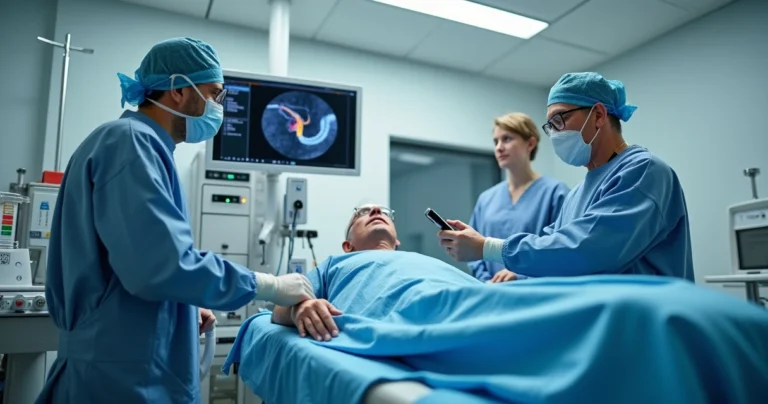 Cardiologista ajusta equipamento de litotripsia intracoronária em paciente em sala de hemodinâmica