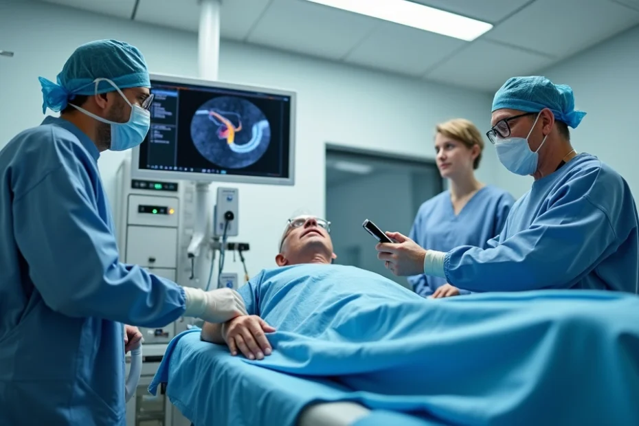 Cardiologista ajusta equipamento de litotripsia intracoronária em paciente em sala de hemodinâmica