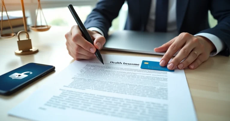 Pessoa assinando contrato de plano de saúde ao lado de cartão do convênio e ícones de proteção jurídica