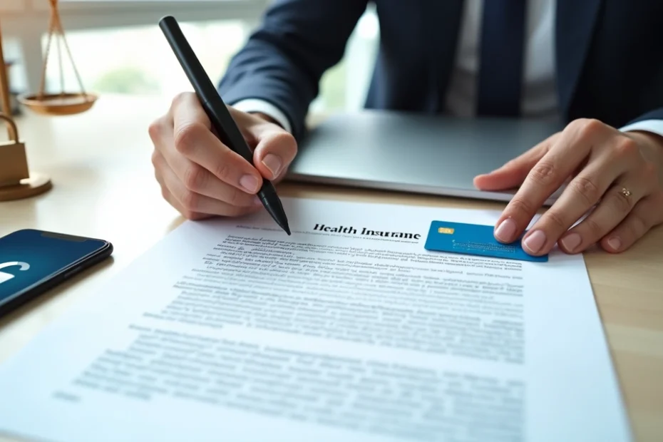 Pessoa assinando contrato de plano de saúde ao lado de cartão do convênio e ícones de proteção jurídica