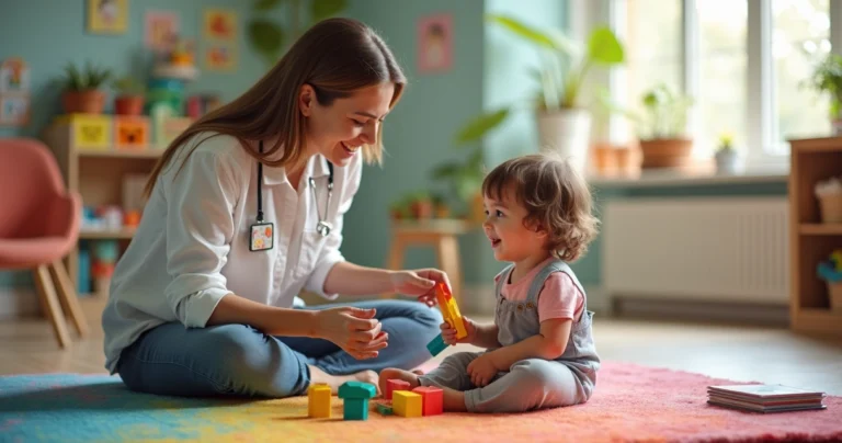 Criança autista pequena em sessão do Modelo Denver com terapeuta em ambiente colorido