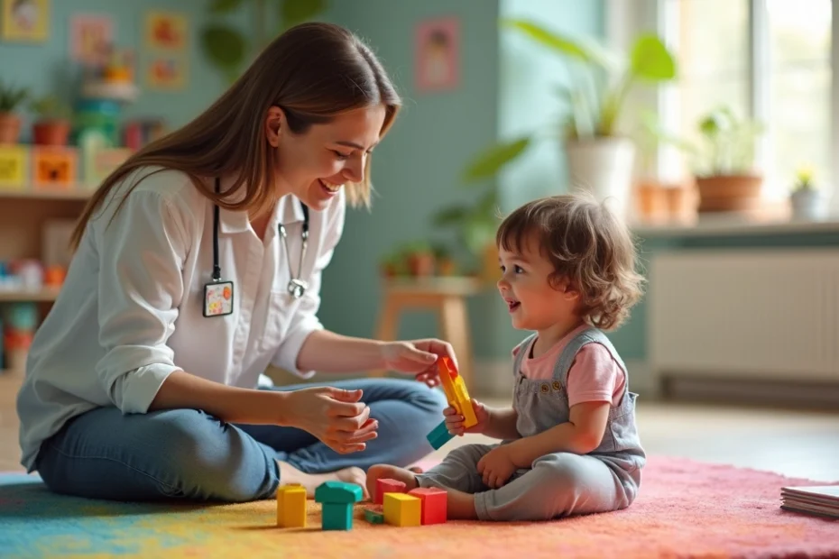 Criança autista pequena em sessão do Modelo Denver com terapeuta em ambiente colorido