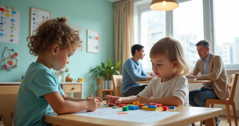 Criança autista em terapia com profissionais explicando direitos do plano de saúde aos pais