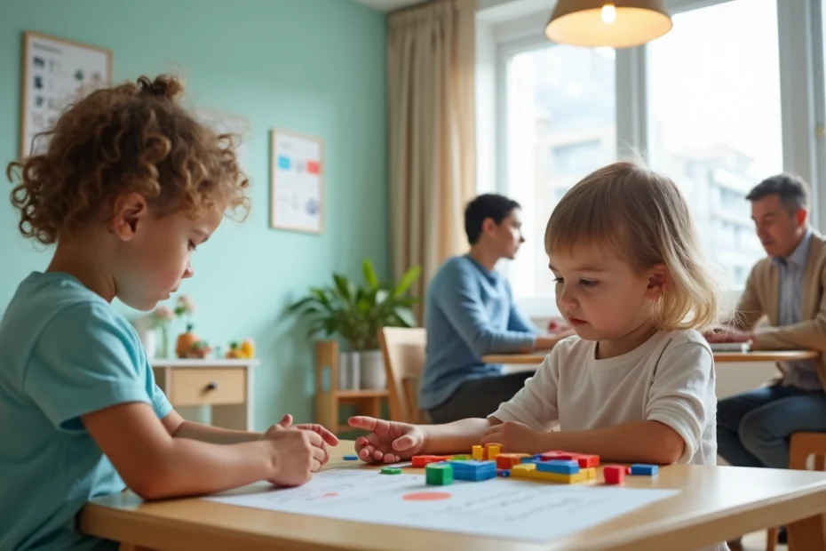 Criança autista em terapia com profissionais explicando direitos do plano de saúde aos pais