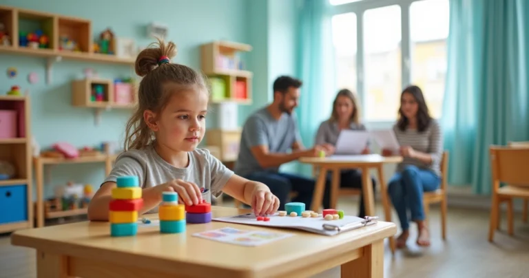 Criança em terapia ocupacional com terapeuta enquanto responsáveis analisam contrato de plano de saúde