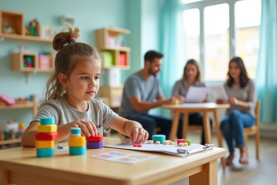 Criança em terapia ocupacional com terapeuta enquanto responsáveis analisam contrato de plano de saúde