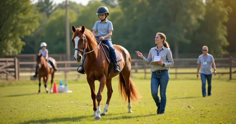 Equoterapeuta orienta criança autista montando cavalo em centro de terapias ao ar livre