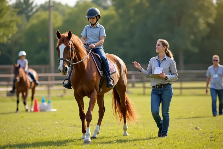 Equoterapeuta orienta criança autista montando cavalo em centro de terapias ao ar livre