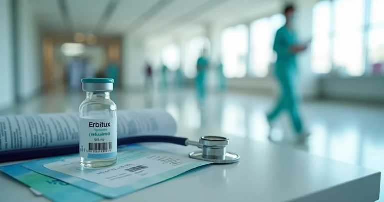 Frasco de Erbitux ao lado de cartão de plano de saúde sobre mesa em ambiente hospitalar