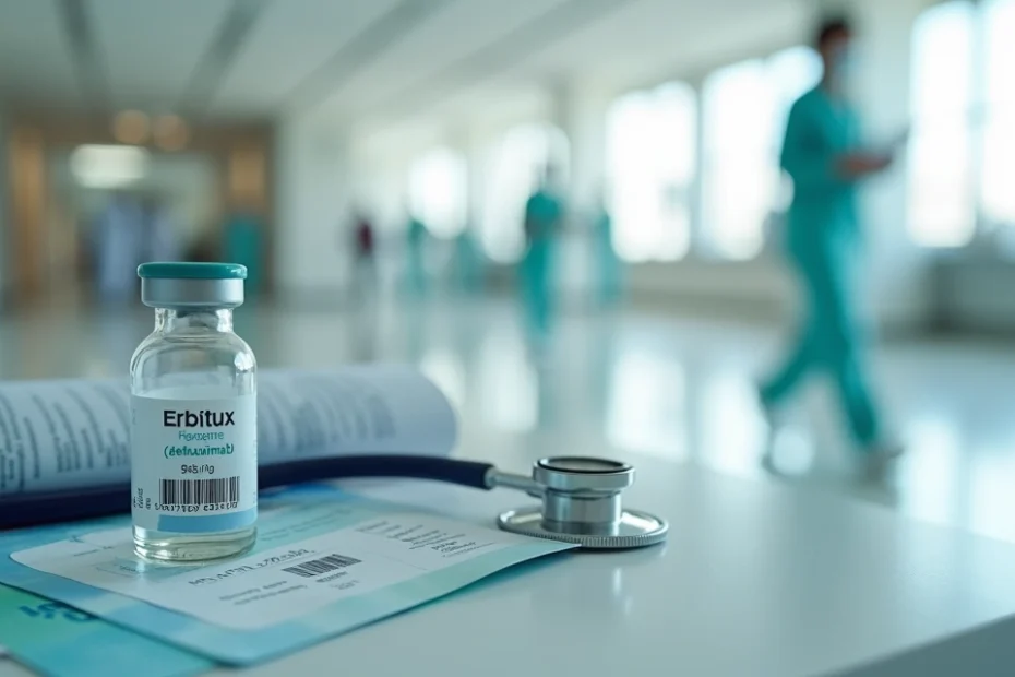 Frasco de Erbitux ao lado de cartão de plano de saúde sobre mesa em ambiente hospitalar