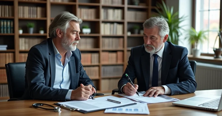 Paciente em consulta com advogado analisando documentos de erro médico