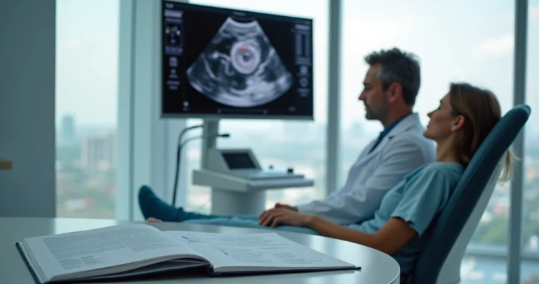 Cardiologista mostra imagem de ultrassom intracoronário em monitor para paciente sentado na sala de exames