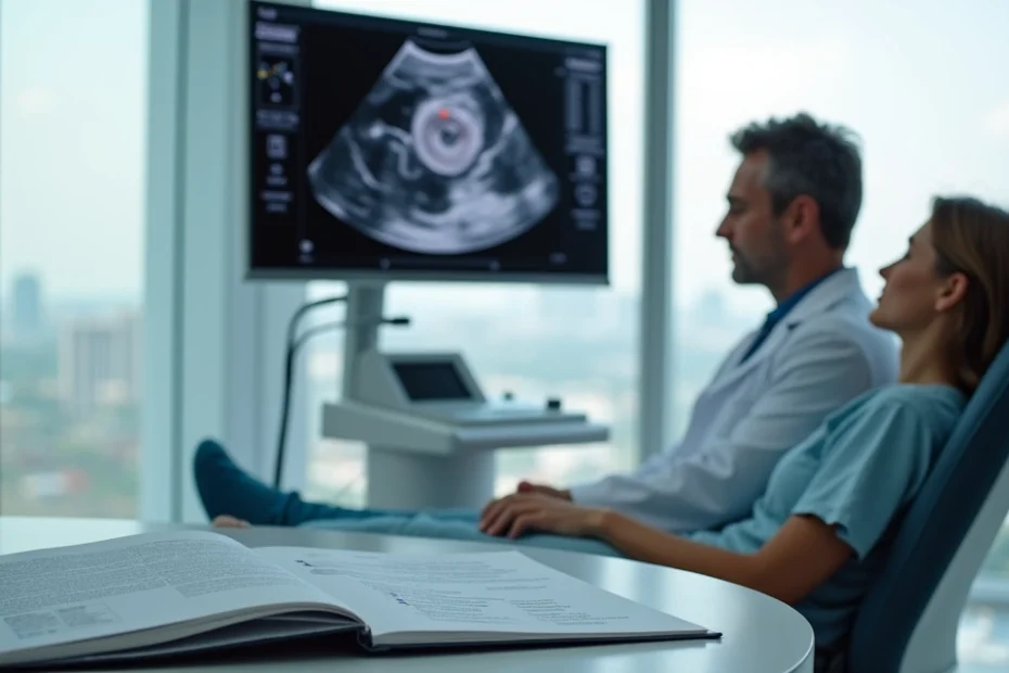 Cardiologista mostra imagem de ultrassom intracoronário em monitor para paciente sentado na sala de exames