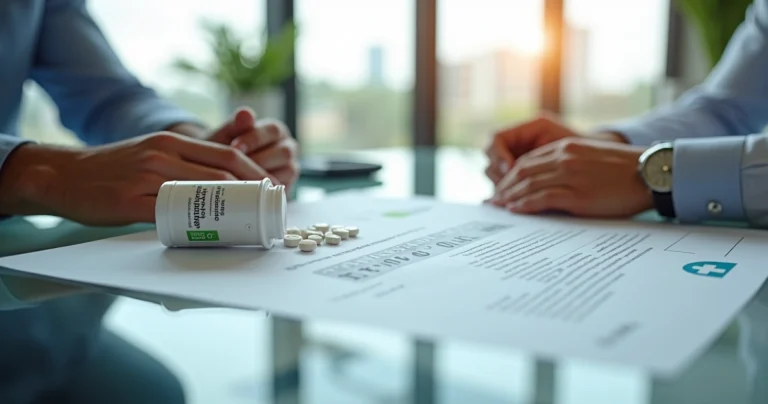 Frasco de comprimidos de abiraterona sobre contrato de plano de saúde analisado por mãos masculinas