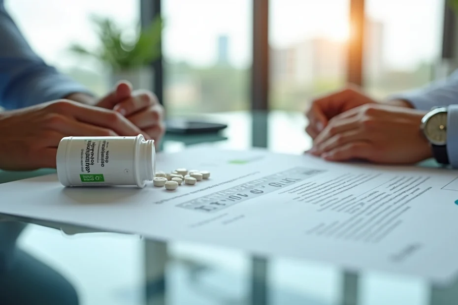 Frasco de comprimidos de abiraterona sobre contrato de plano de saúde analisado por mãos masculinas