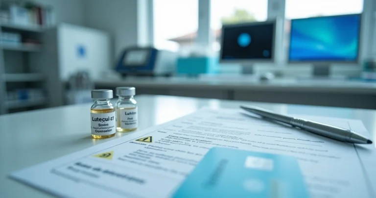 Frascos de Lutécio-177 sobre mesa de laboratório ao lado de contrato de plano de saúde