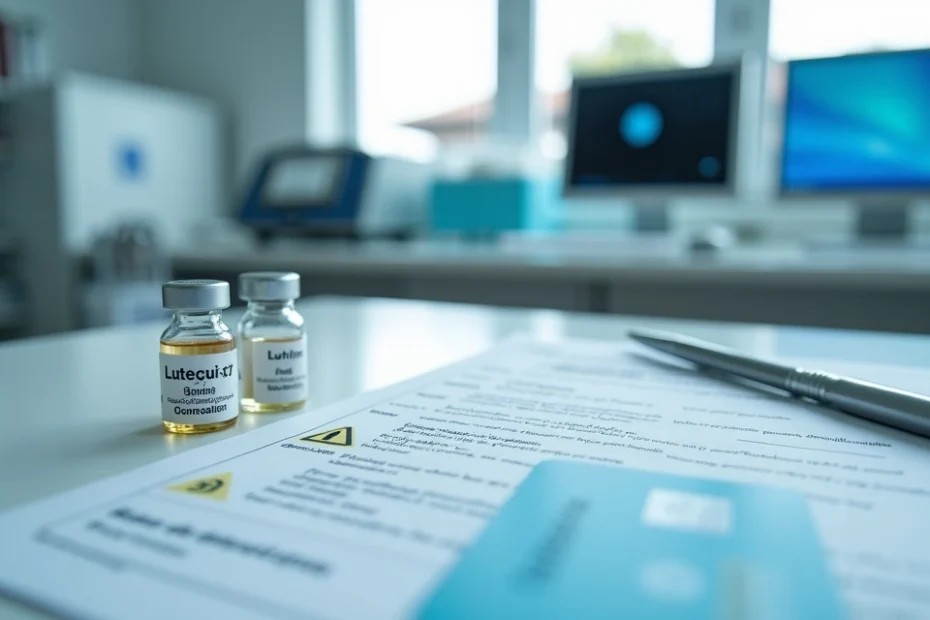 Frascos de Lutécio-177 sobre mesa de laboratório ao lado de contrato de plano de saúde