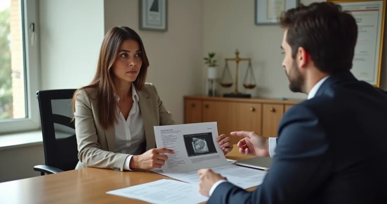 Mulher confusa conversa com advogado sobre erro em laqueadura com documentos na mesa