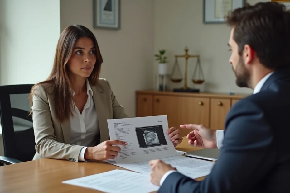 Mulher confusa conversa com advogado sobre erro em laqueadura com documentos na mesa