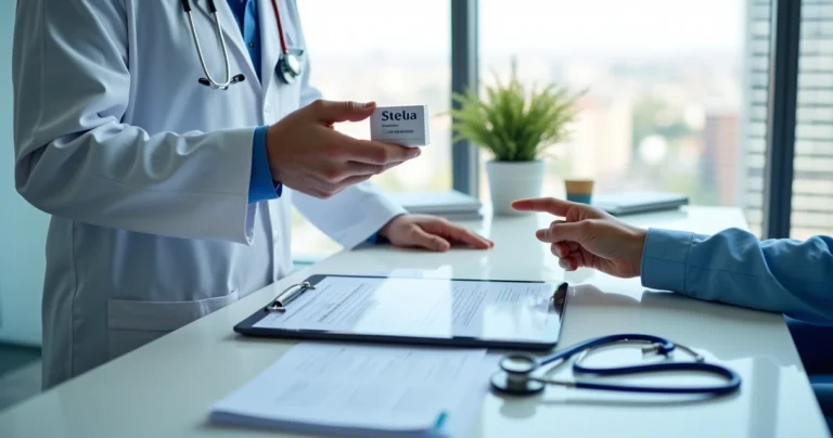 Médico segura caixa de Stelara ao lado de tablet com contrato de plano de saúde