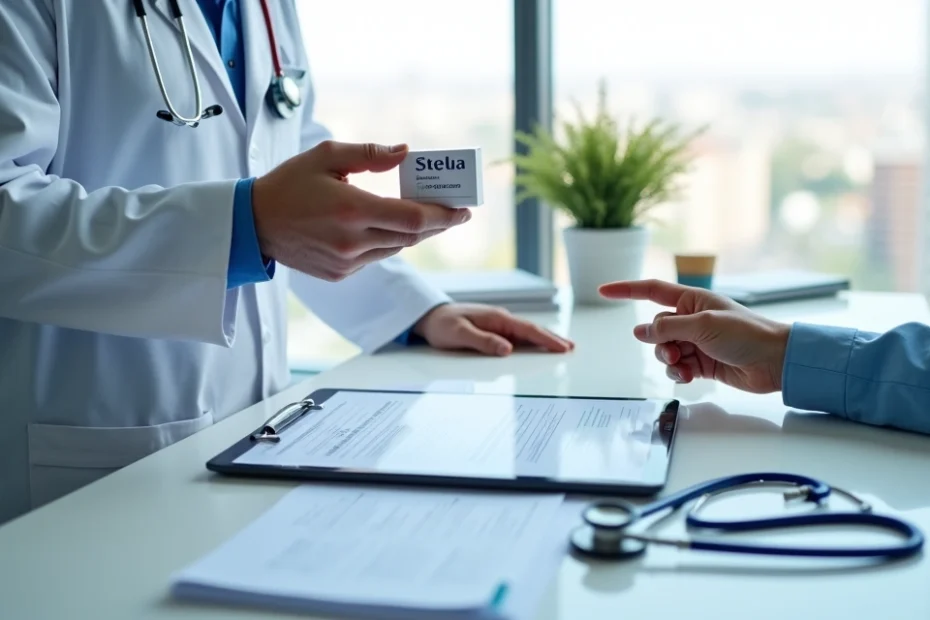 Médico segura caixa de Stelara ao lado de tablet com contrato de plano de saúde