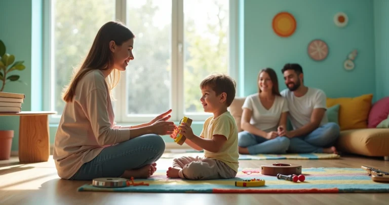 Sessão de musicoterapia para criança autista com profissional e pais ao fundo