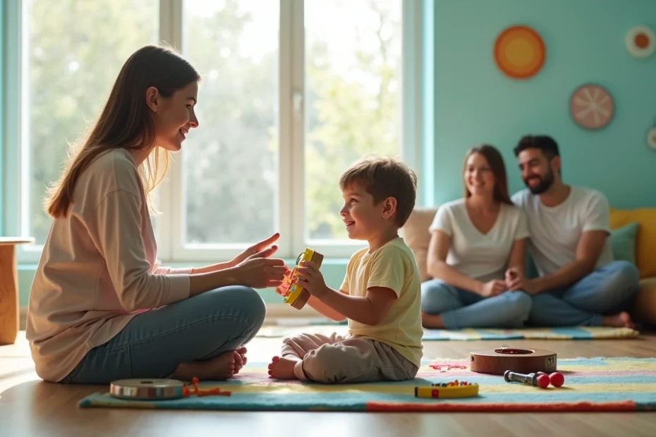 Sessão de musicoterapia para criança autista com profissional e pais ao fundo
