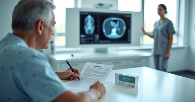 Paciente com câncer de próstata analisa contrato de plano de saúde em ambiente hospitalar