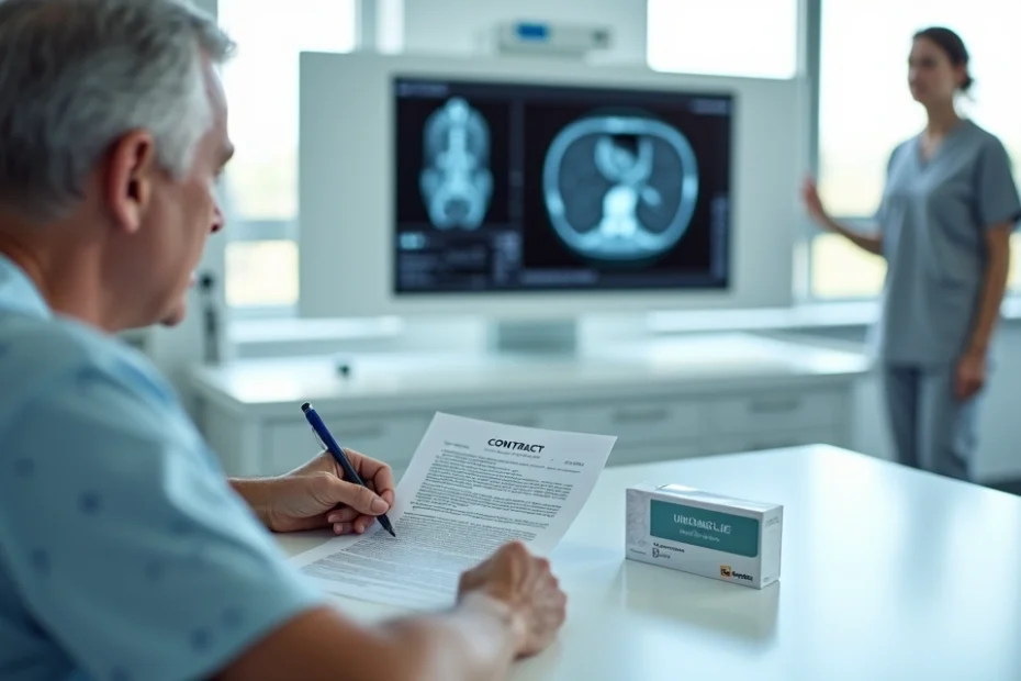 Paciente com câncer de próstata analisa contrato de plano de saúde em ambiente hospitalar