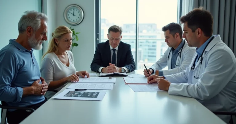Paciente em consulta com médico e advogado avaliando possível erro de diagnóstico